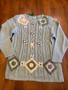 NWT Vintage 80s Shenanigans M Cable Knit Crochet Floral Sweater Shoulder Pads